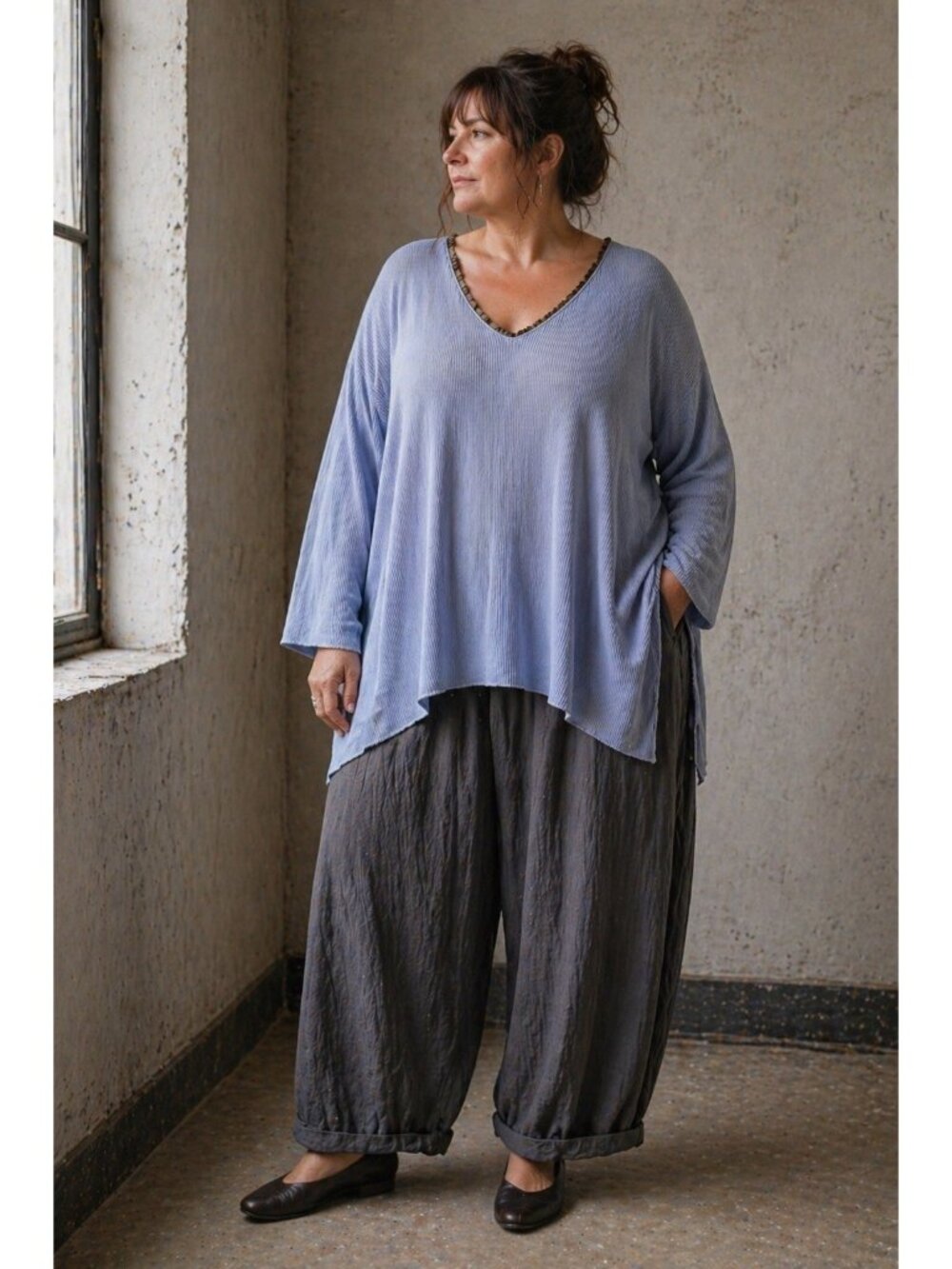 Vintage 90s Fitigues Womens Top XL Blue-Grey Waffle Thermal Knit Lagenlook Shirt
